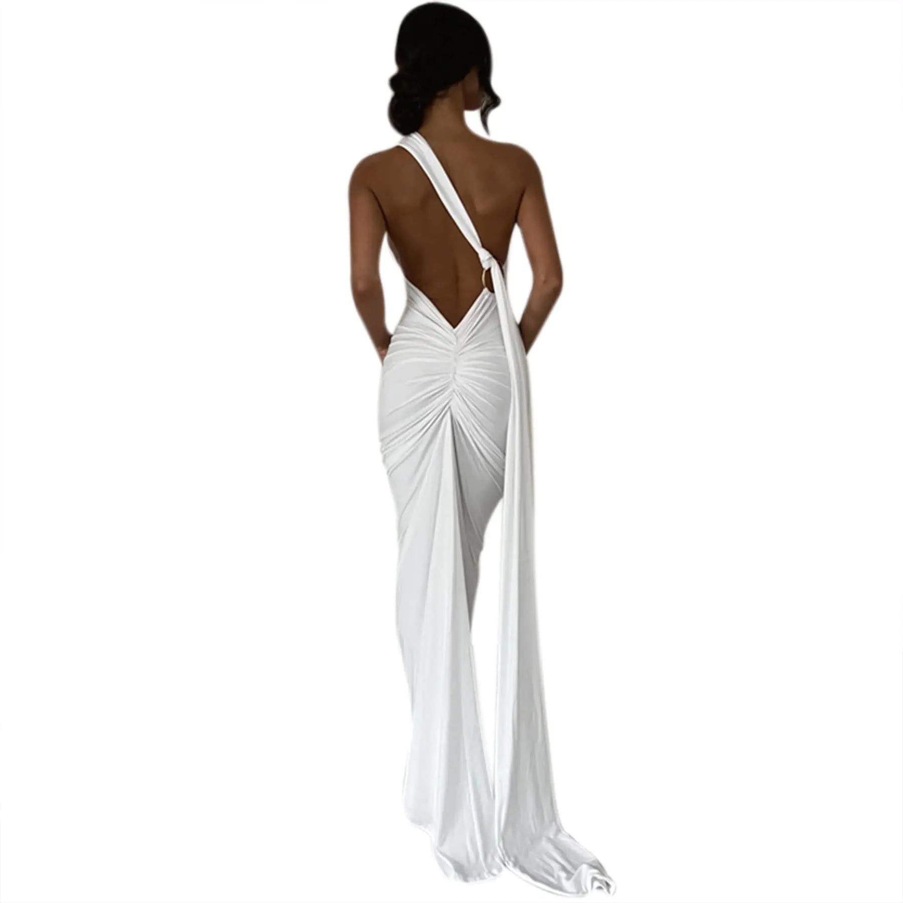 Suillty Womens Sexy Oblique Shoulder Backless Maxi Dress Ruched Back Strap Sleeveless Party Club Long Dresses Bodycon White