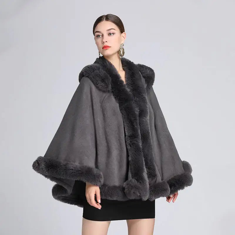 Rex Rabbit Fur Collar Hooded Shawl