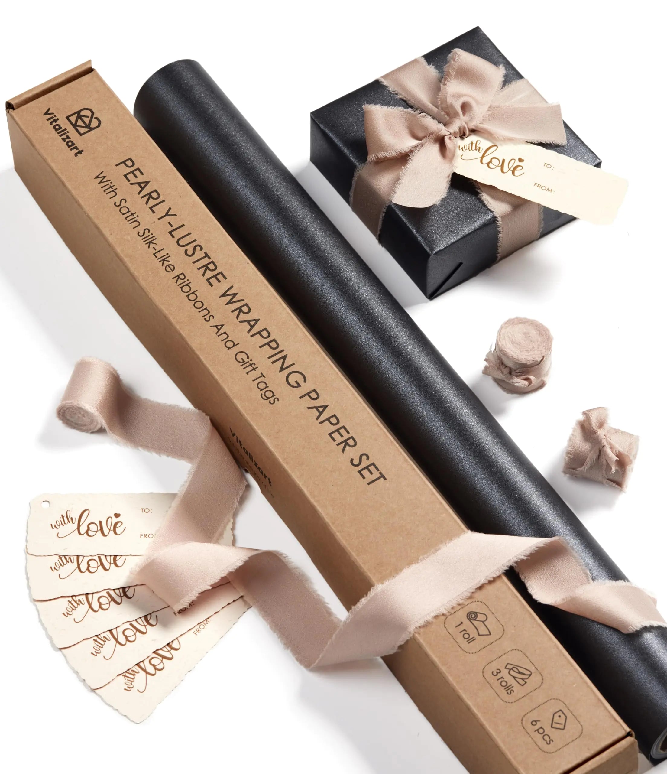 VitalEco Black Gift Wrap Set with Satin Ribbon & Tags