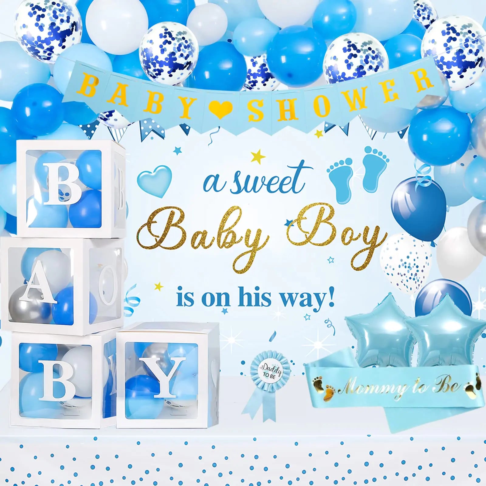 Blue Baby Shower Decor Kit — Balloons, Garland, Banner & Sash