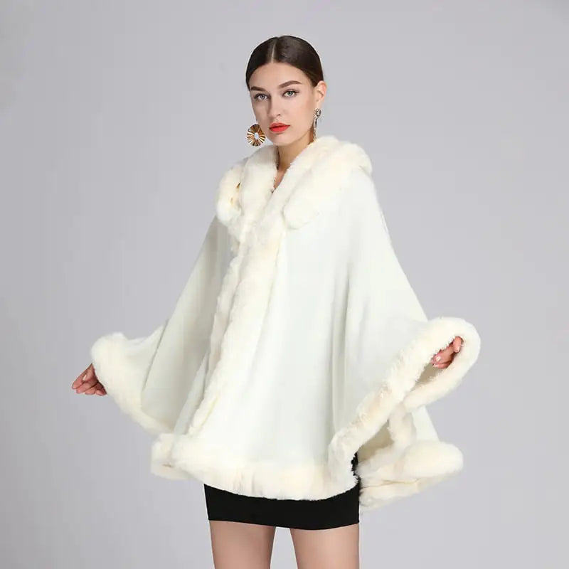 Rex Rabbit Fur Collar Hooded Shawl