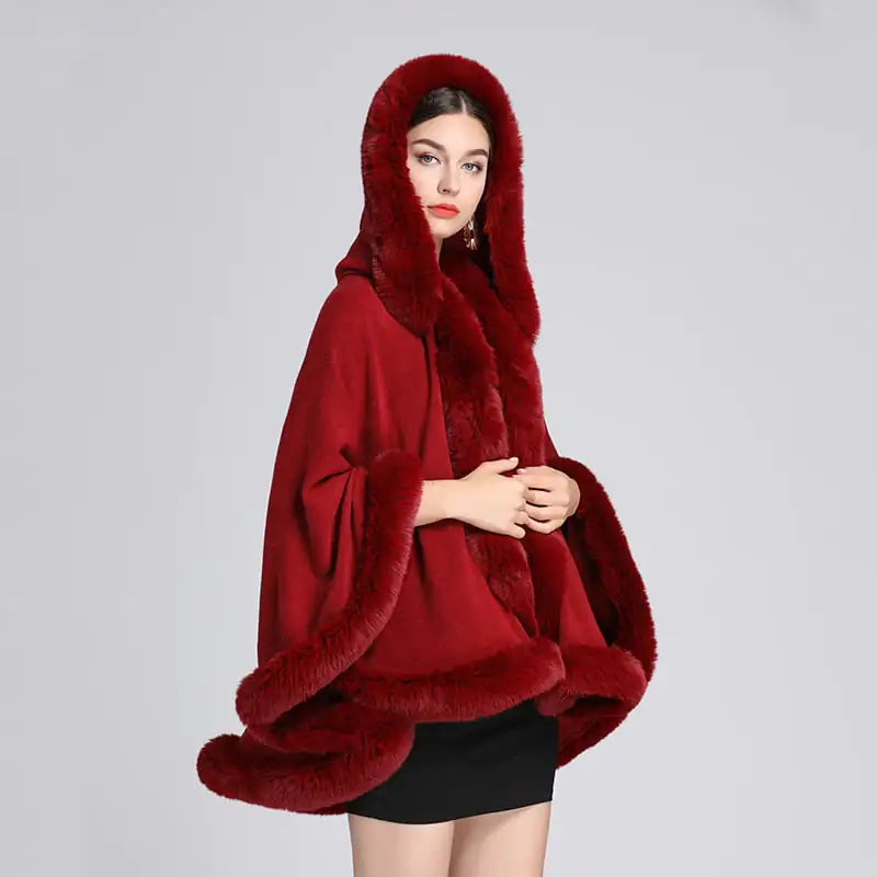 Rex Rabbit Fur Collar Hooded Shawl