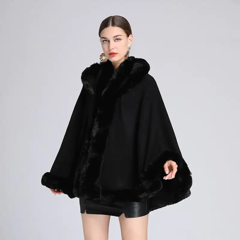 Rex Rabbit Fur Collar Hooded Shawl