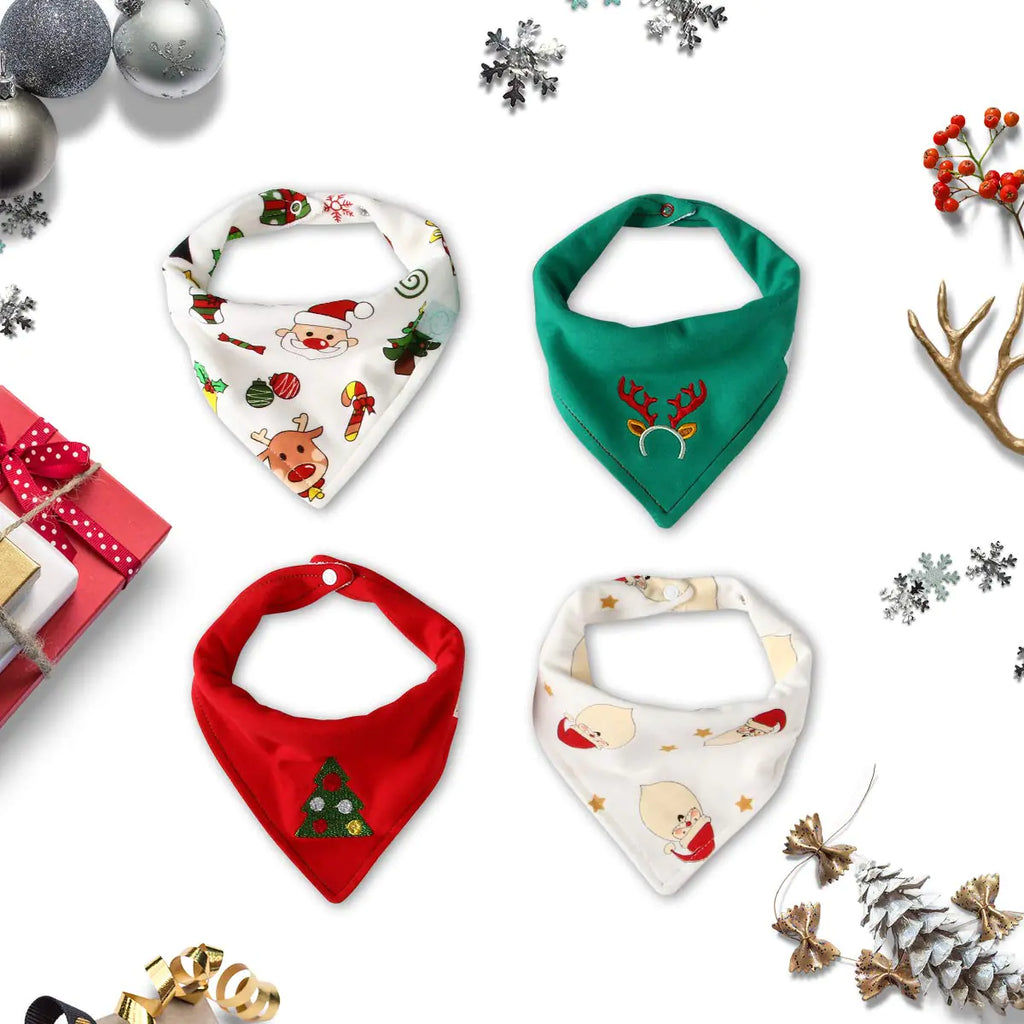 Holiday Baby Bib Gift Set – Organic Cotton Bandana Bibs for Christmas  Teething & Drool Protection  4 Festive Prints