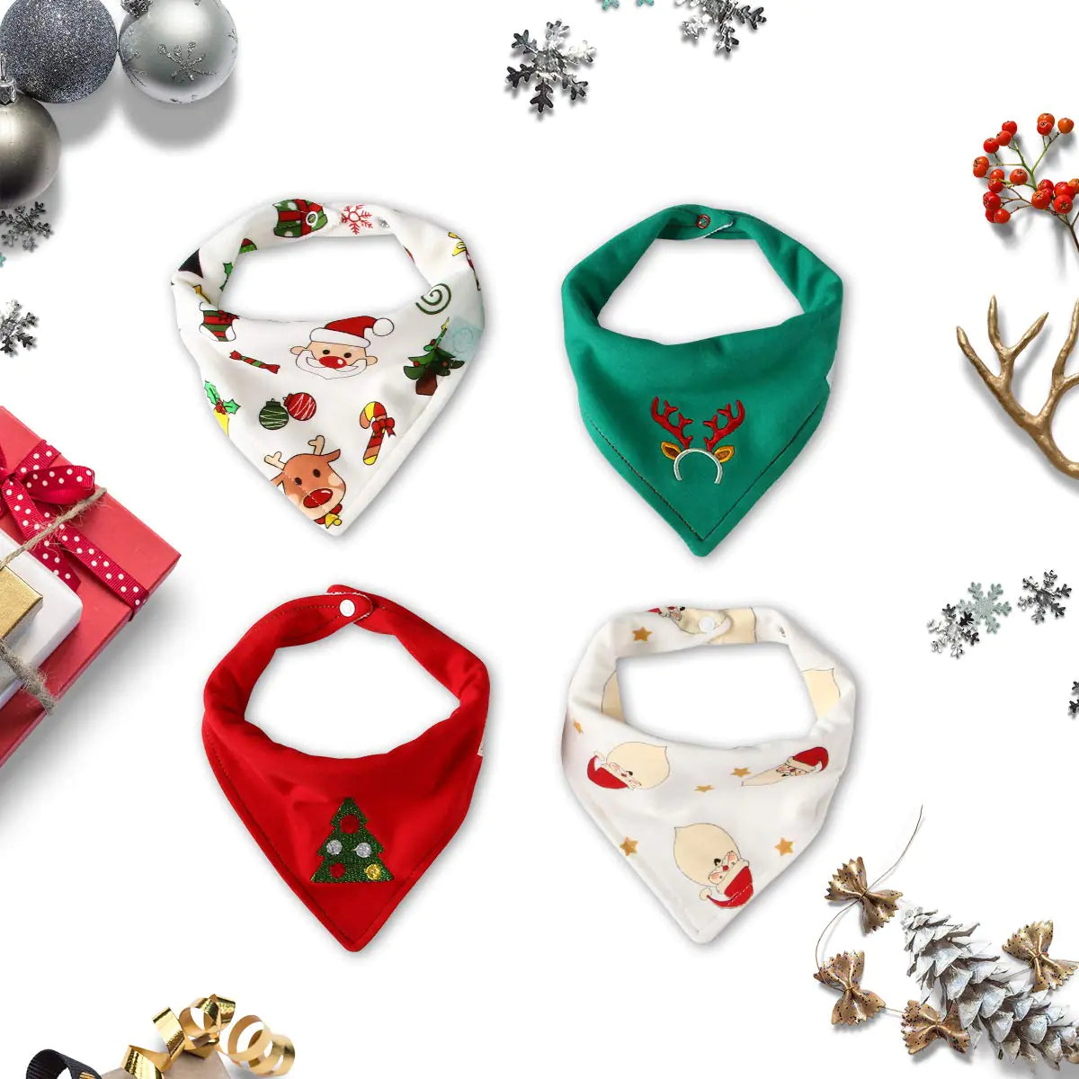 Holiday Baby Bib Gift Set – Organic Cotton Bandana Bibs for Christmas  Teething & Drool Protection  4 Festive Prints