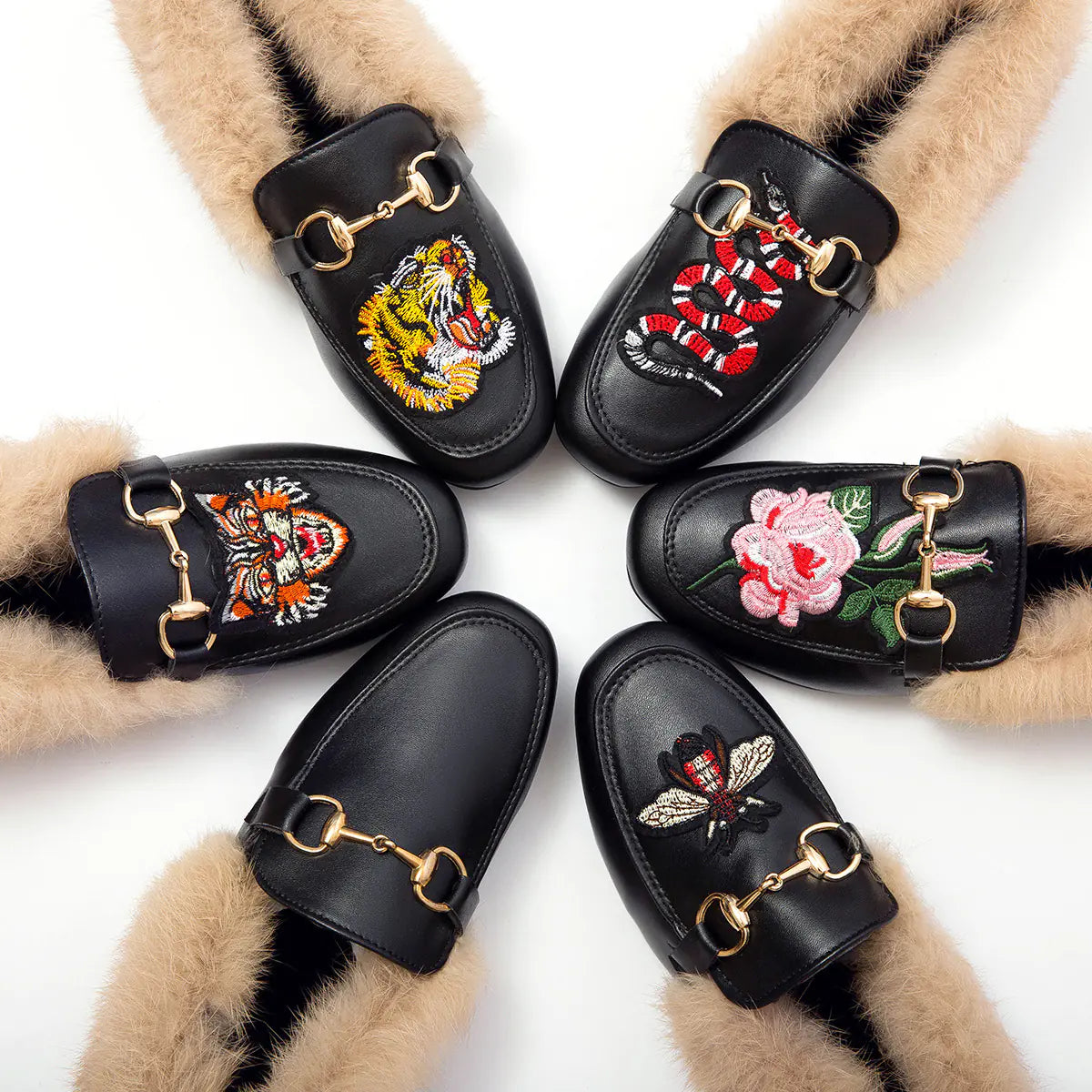 Women's Genuine Rabbit Fur Moccasins with Embroidery