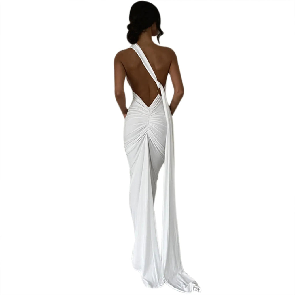 Suillty Womens Sexy Oblique Shoulder Backless Maxi Dress Ruched Back Strap Sleeveless Party Club Long Dresses Bodycon White