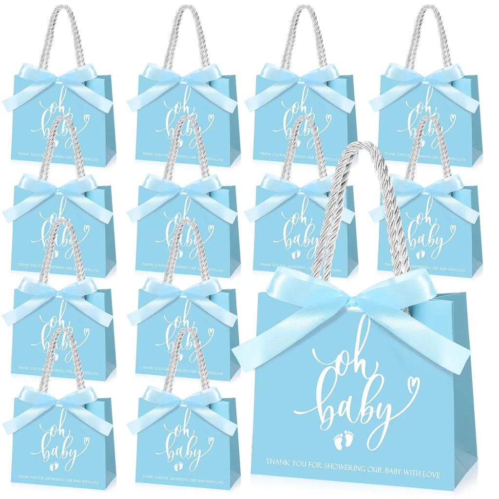 "Oh Baby” Blue Gift Bags — 25-Pack with Ribbon Handles